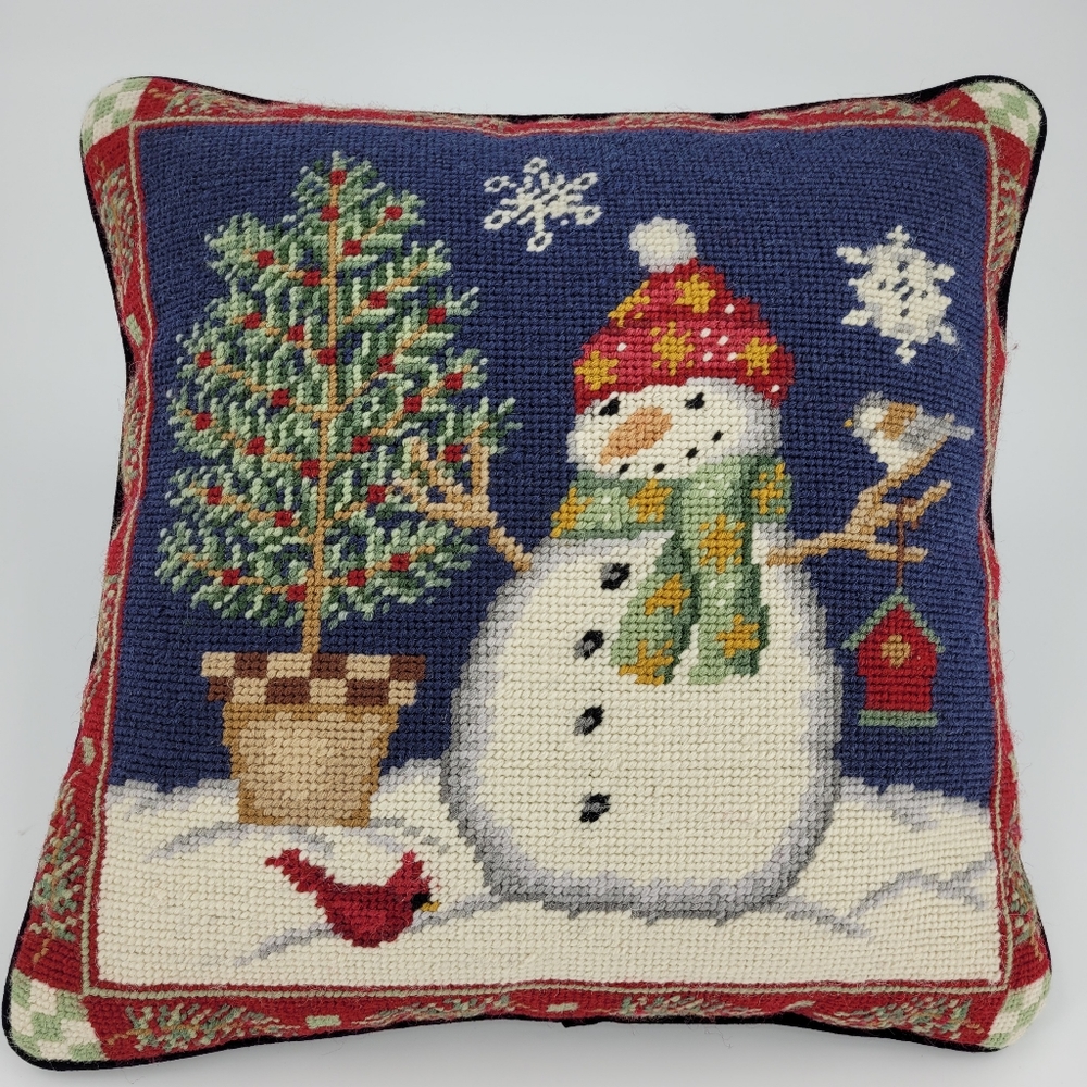 Winter Holiday Needlepoint Throw Pillow Snowman Tree Bird Snowflake Velvet